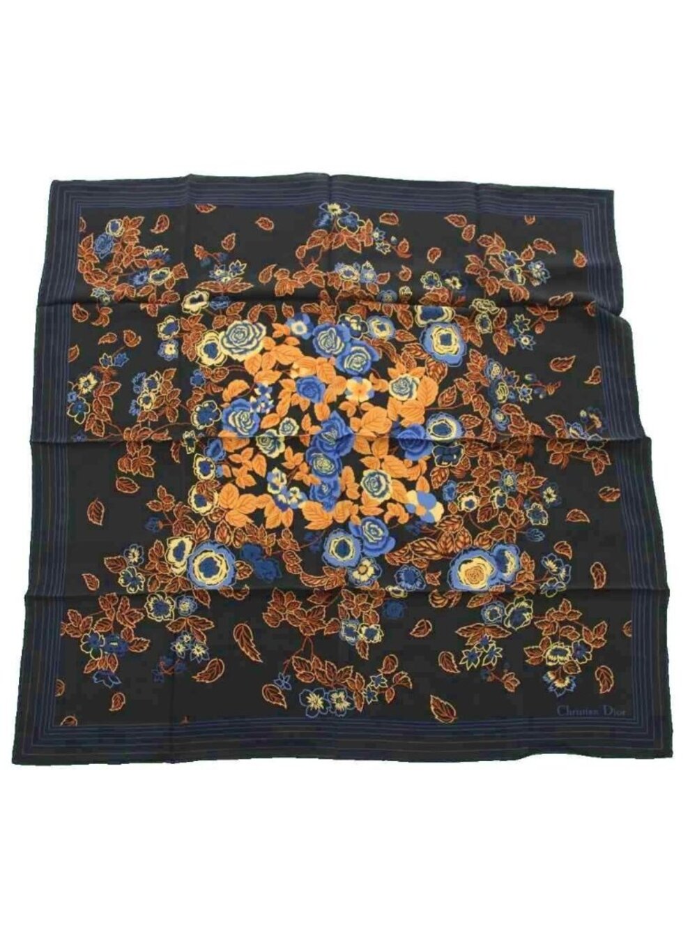 Dior Scarf Large Floral Pattern Silk Black Brown Blue